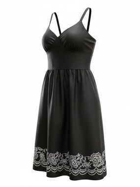 Ann Taylor Black Sleeveless Fit-and-Flare Dress with White Floral Hem